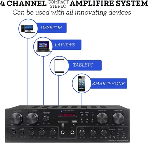Miniatura 8 de Technical Pro Kit de sistema de cine en casa con receptor Bluetooth de 1000 vatios de 4 canales y 8 unidades de 6.5 pulgadas y 200 vatios