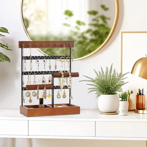 Miniatura 4 de JAZUIHA Organizador de joyas, soporte para collares, aretes, soporte organizador de 3 niveles con 15 ganchos, exhibición de pulsera con base