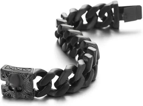 Miniatura 4 de COOLSTEELANDBEYOND Pulsera de cadena de acero cepillado vintage grande para hombre con flor de lis y calavera