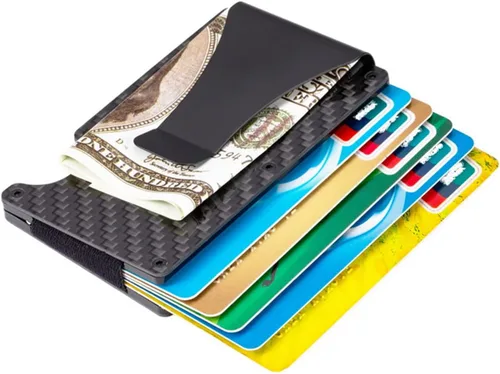 Miniatura 2 de Billetera de fibra de carbono con clip para dinero de metal, bloqueo RFID, minimalista, de aluminio, delgado, para tarjetas de crédito, Negro