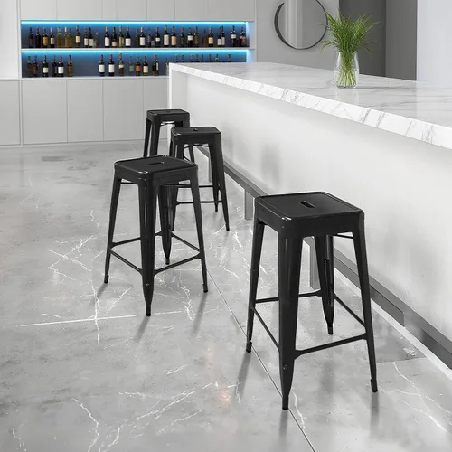 Miniatura 7 de Sweetcrispy Juego de 4 taburetes de bar de metal, apilables de 24 pulgadas, sillas de metal Trattoria clásicas para restaurante, sillas de bar sin