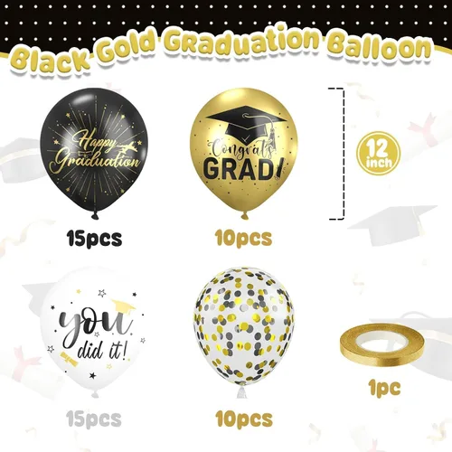 Miniatura 2 de Globos de Graduación 2025, 50 Piezas Globos de Graduación Negro Dorado de 12 Pulgadas para Suministros de Decoración de Fiesta de Graduación