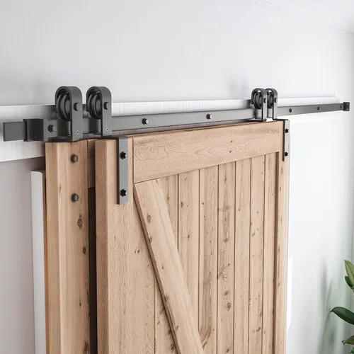 SMARTSTANDARD Kit de herrajes para puerta corredera de granero de 9 pies de derivación - para puertas de madera dobles - un solo carril - suave y