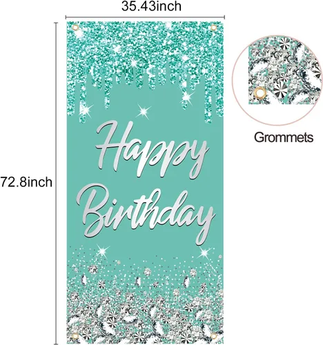 Miniatura 2 de Cartel para puerta de cumpleaños color verde azulado, 72.8 x 35.4 pulgadas, azul y plateado, impresión de letras, plegable, ligero, montaje