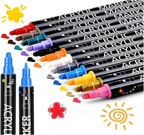 Marcadores de pintura acrílica de doble punta de 12 colores, punta fina y punta de punto, bolígrafos de pintura acrílica para pintura de roca,