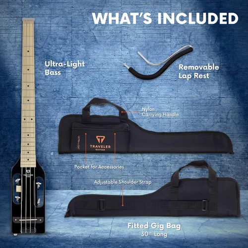 Miniatura 5 de Traveler Guitar Guitarra Bajo Ultra-Ligera Negro Brillante Guitarra de Bajo de Viaje Pequeña con Apoyo de Regazo Removible Guitarra Portátil sin