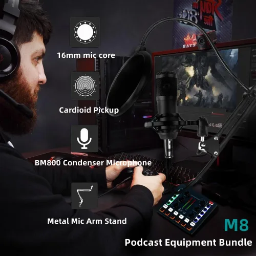 Miniatura 2 de Paquete de equipo de podcast, BM-800 - Paquete de micrófono para podcast, cambiador de voz con tarjeta de sonido en vivo, micrófono condensador