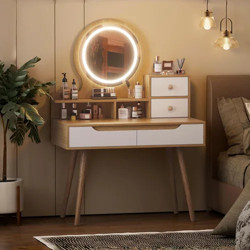 Miniatura 16 de Runboll Small Vanity Desk with Mirror and Lights, Makeup Vanity Table Set with Power Outlet, Drawer Storage, Stool, Adjustable LED Lighting