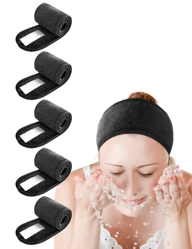 EUICAE Diadema de spa, paquete de 5 toallas negras para la cabeza, antideslizantes, elásticas, lavables para maquillaje, lavado facial, tratamiento