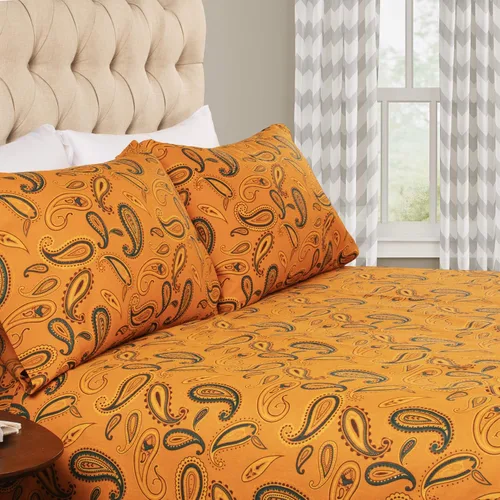 Miniatura 8 de Superior Juego de sábanas de algodón de franela con diseño paisley o sólido, sábanas cálidas y suaves, ropa de cama tradicional bohemia, incluye 1