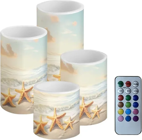 Miniatura 12 de Velas LED parpadeantes operadas por batería, juego de 4 con control remoto y temporizador, velas de llama danzante, velas de pilar para mesa, Playa