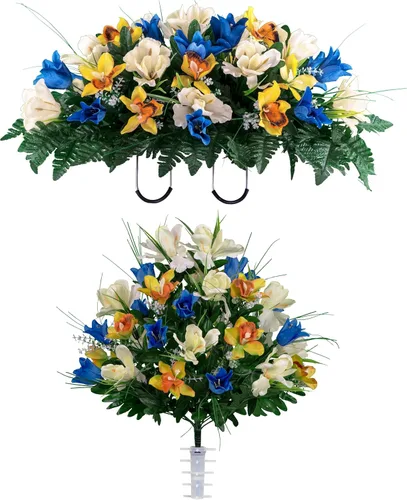 Miniatura 12 de Sympathy Silks Flores de cementerio artificiales - Decoración de tumbas - Tulipanes rojos e iris blancos (1) Ramo Rojo Blanco