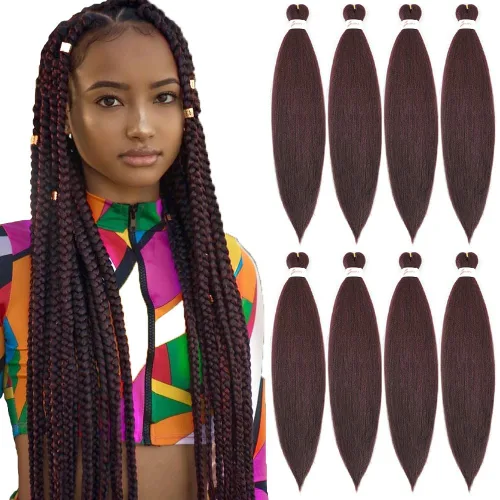 Miniatura 9 de SOKU - Cabello trenzado rojo preestirado de 24" de largo, 4 paquetes de fibra sintética trenzada con ganchillo, textura suave Yaki recta 4 paquetes