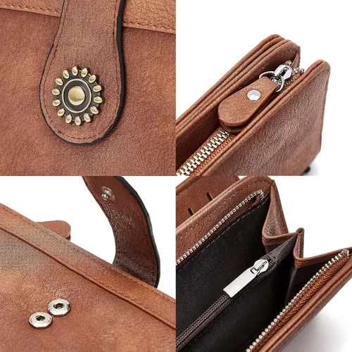 Miniatura 6 de BROMEN Billeteras de cuero para mujer, cartera grande de mano para teléfono, 1- marrón , Casual