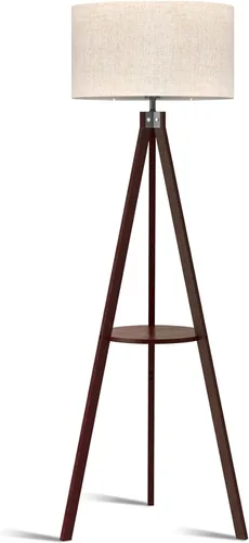 LEPOWER Lámpara de pie con trípode, lámpara de pie de madera de mediados de siglo, lámpara de pie con diseño moderno y estante para sala de estar,