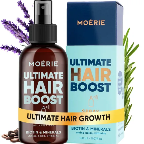 Moerie Ultimate Hair Boost Spray diseñado para fortalecer el cabello y restaurar la salud del cuero cabelludo, suero capilar 100% natural para