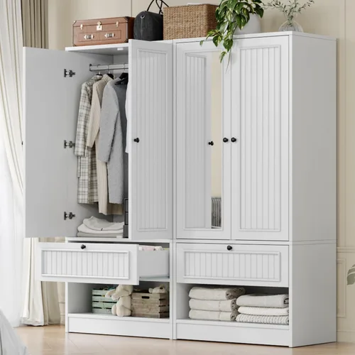 Miniatura 3 de iPormis Armario de madera con puerta de espejo y cajón, armario para recámara con 2 puertas para colgar ropa, color blanco