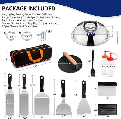 Miniatura 6 de 18 piezas de kit de accesorios para parrilla de Joyfair, juego de accesorios para parrilla de parte superior plana con prensa para hamburguesas