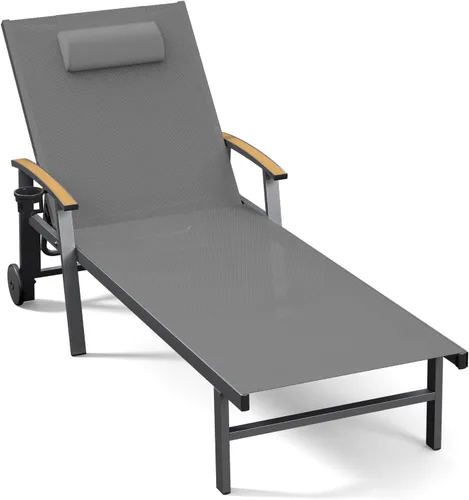 Miniatura 26 de Ciokea Sillón para exteriores con almohada, tumbona de aluminio de 5 posiciones con ruedas y reposabrazos, silla de piscina resistente de 400 libras