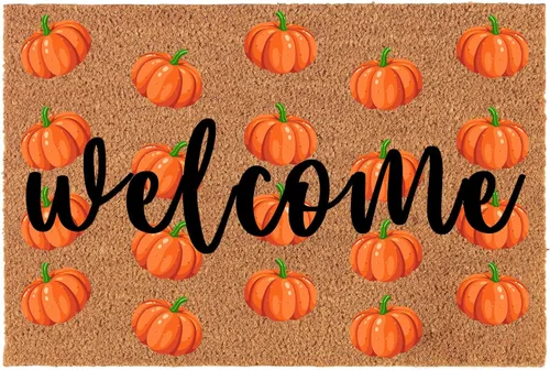 Miniatura 7 de Felpudo divertido de fibra de coco – Hello Pumpkin Thanks Giving Halloween Welcome Front Porch Decor – Personalizado, resistente, antideslizante
