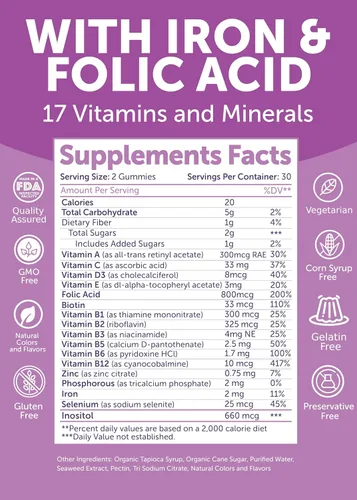 Miniatura 5 de Lunakai Vitaminas prenatales 17 en 1 fabricadas en Estados Unidos para mujeres con hierro y ácido fólico, deliciosas gomitas prenatales diarias