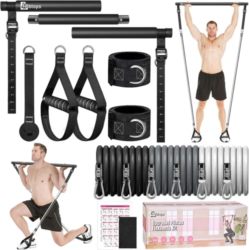 Miniatura 10 de Kit de barra de pilates Bbtops con bandas de resistencia, barra de pilates con bandas apilables, equipo de entrenamiento para piernas, cadera, Negro