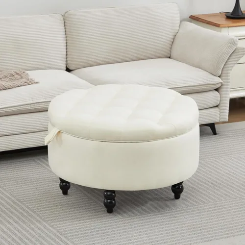 Miniatura 10 de Otomana de almacenamiento redonda de cuero PU de 30 pulgadas con bandeja, mesa de centro moderna tapizada con capitoné con almacenamiento, otomana