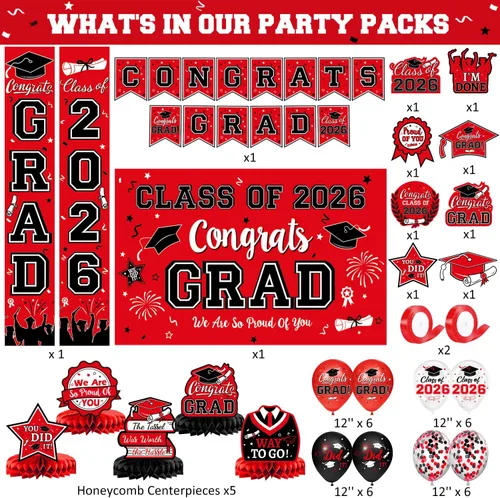 Miniatura 2 de Decoraciones de graduación 2026, juego de decoraciones de graduación rojo y negro con pancarta y telón de fondo de felicitaciones, letrero