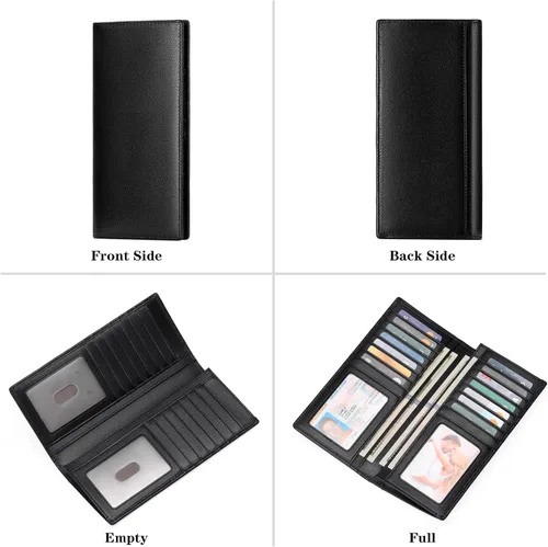 Miniatura 3 de FALAN MULE Cartera de cuero genuino con bloqueo RFID delgada con tarjetero largo plegable para tarjetas de crédito para hombres, Negro -, Moda