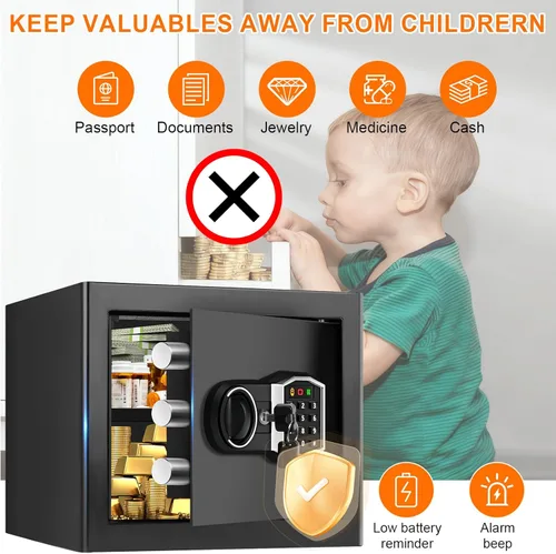Miniatura 8 de Caja fuerte ignífuga pequeña de 1.3 Cub para el hogar, caja de seguridad antirrobo a prueba de fuego con llaves de repuesto, teclado programable
