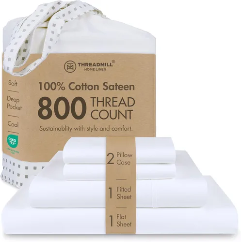 Miniatura 46 de Threadmill - Juego de sábanas de lujo de 800 hilos, tamaño matrimonial, 100 % algodón, tejido satinado azul folkstone, mejor que el algodón egipcio