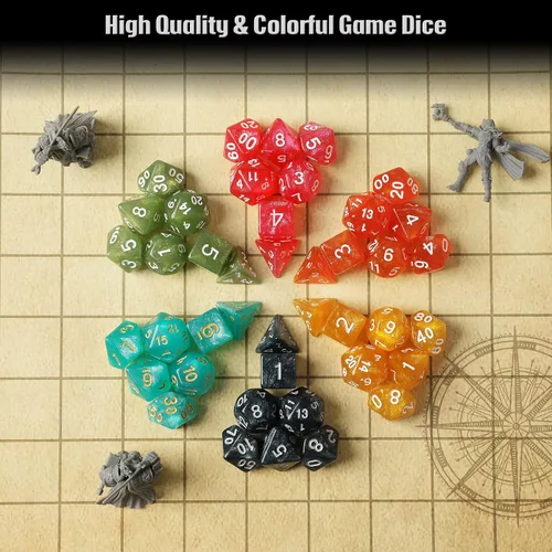 Miniatura 6 de Juego de dados Grajar D&D con fundas para dados con patrón de personajes, juego de 42 piezas de dados poliédricos, bandeja de PU de cuero