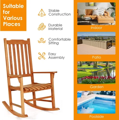 Miniatura 9 de Tangkula Mecedora para patio, para interiores y exteriores, de madera, para porche, jardín, balcón, sillón rústico de respaldo alto con capacidad