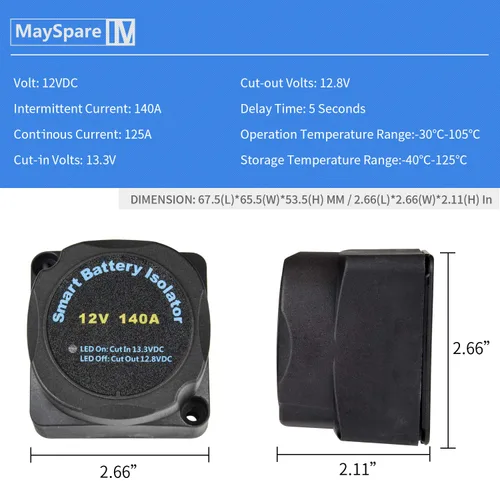 Miniatura 3 de Kit de Aislamiento de Batería Dual MaySpare 12V 140Amp Relé Sensible al Voltaje VSR Cargador Automático de Batería Doble y Kit de Cableado