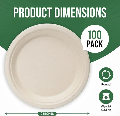 Miniatura 2 de Platos de papel compostables de 9 pulgadas (paquete de 100) - Vajilla desechable ecológica para fiestas, aptos para microondas y resistentes al