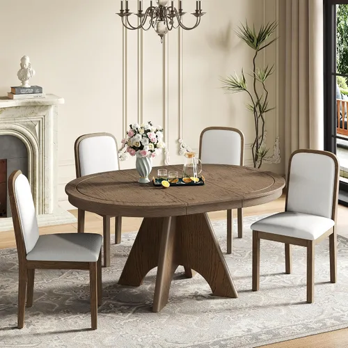 Miniatura 10 de JUSTONE Juego de mesa de comedor redonda de 5 piezas para 4, mesa redonda extensible con 4 sillas modernas con respaldo cruzado, juego de mesa