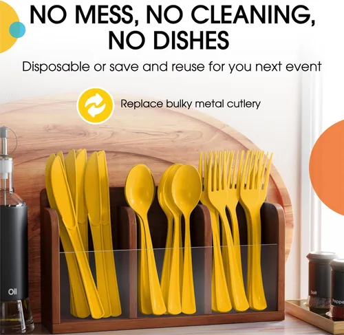 Miniatura 5 de Party Solids Cubiertos de plástico amarillo resistentes, 150 piezas, color amarillo, desechables, juegos de utensilios, 50 de cada tenedor