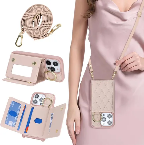 Miniatura 11 de Funda para iPhone 14 Plus con tarjetero y correa para mujer, cordón cruzado, espejo de maquillaje, soporte de anillo, cierre a presión, bonitas Rosa