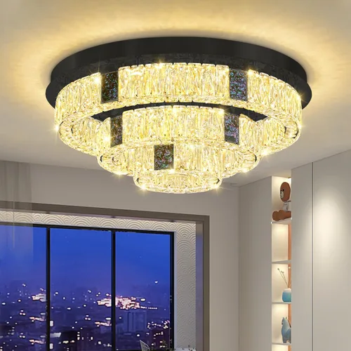 Miniatura 12 de Candelabro de cristal LED moderno de 32 pulgadas para sala de estar, lámpara redonda de cristal de 3 niveles, lámpara de techo de cristal negro