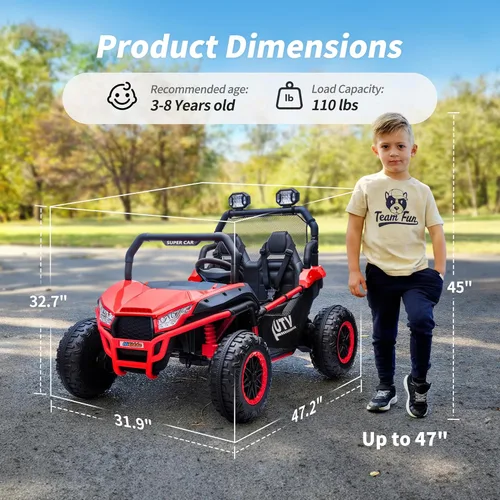 Miniatura 8 de Hikiddo Vehículo UTV de 2 plazas, auto de juguete para niños grandes con control remoto, 2WD/4WD conmutable, 4 motores de 200 W, rojo oscuro