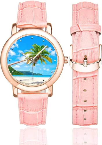 Miniatura 2 de InterestPrint Palm Tree over Tropical Beach - Reloj de pulsera para mujer, chapado en oro rosa, correa de cuero rosa