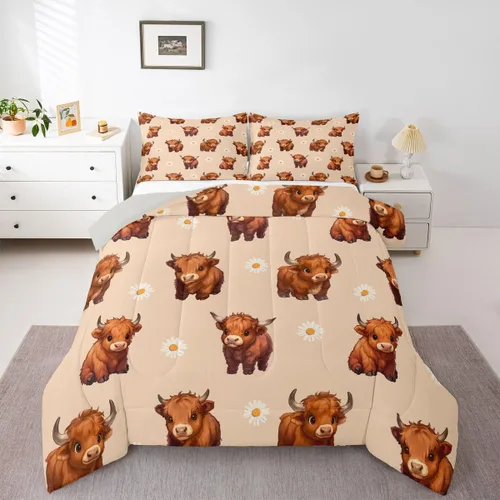 Miniatura 18 de Juego de ropa de cama de vaca de las tierras altas, edredón de ganado de las tierras altas, juego de edredón rosa floral de vaca occidental, juego