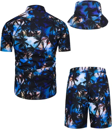 Miniatura 2 de TUNEVUSE Conjunto de 2 piezas de camisas y pantalones cortos hawaianos para hombre, traje de playa con botones y sombreros de pescador