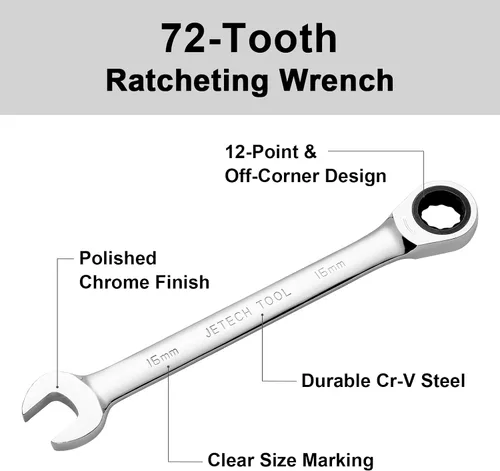 Miniatura 3 de Jetech - Llave combinada de trinquete de 16 mm, llave de carraca de grado industrial con trinquete de 12 puntas y 72 dientes, acero Cr-V forjado