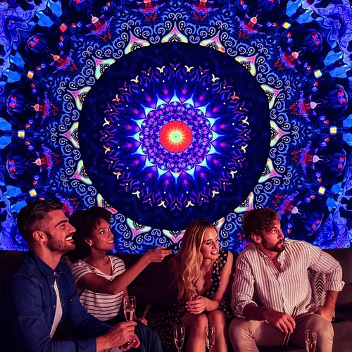 Miniatura 7 de OSVINO Tapiz de mandala trippy de luz negra, 59 x 51 pulgadas, tapiz de fantasía reactiva a los rayos UV, decoración de pared para sala de estar