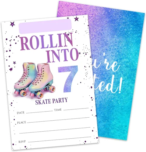Miniatura 7 de 5ª invitaciones de cumpleaños para fiestas de patinaje sobre ruedas para niñas y niños, tarjetas de invitación de patines rosas con sobres, 20