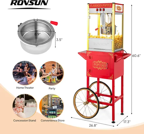 Miniatura 7 de ROVSUN Máquina de palomitas de maíz estilo cine con carrito y ruedas, hervidor de 10 onzas que hace hasta 4 galones para hacer palomitas de maíz