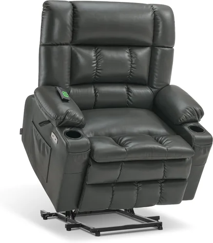 Miniatura 15 de MCombo Silla reclinable eléctrica de motor dual para adultos mayores, silla de elevación plana con calor y masaje, portavasos, puertos USB, piel