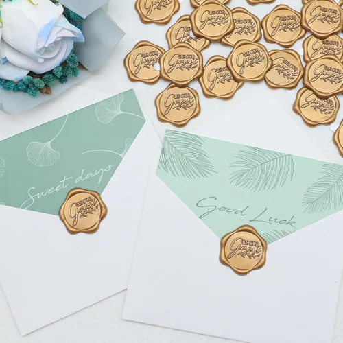 Miniatura 5 de SWANGSA 50 calcomanías de sello de cera con texto en inglés "Be Our Gues", color dorado antiguo, autoadhesivas, para invitaciones de boda, sobres