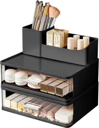 DASITON Organizador de maquillaje para tocador con 2 cajones, organizador de cosméticos apilable con soporte para brochas de maquillaje, organizador